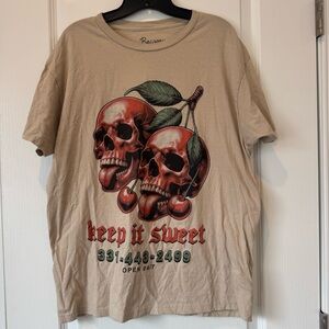 L Bowery Graphic Tan T-Shirt with Red Skull Design
